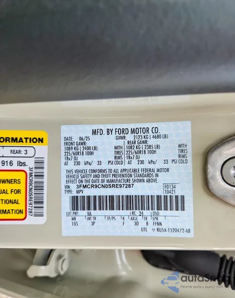 2025 Ford Bronco Sport Outer Banks z USA, uszkodzony, nr VIN 3FMCR9CN0SRE97287